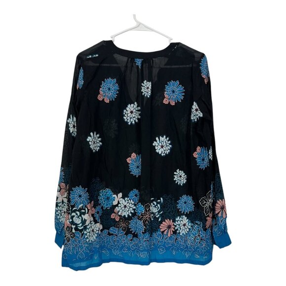 LOFT Women SZ Small Semisheer Floral Black & Blue Long-Sleeve Tunic Top Blouse - Picture 11 of 12